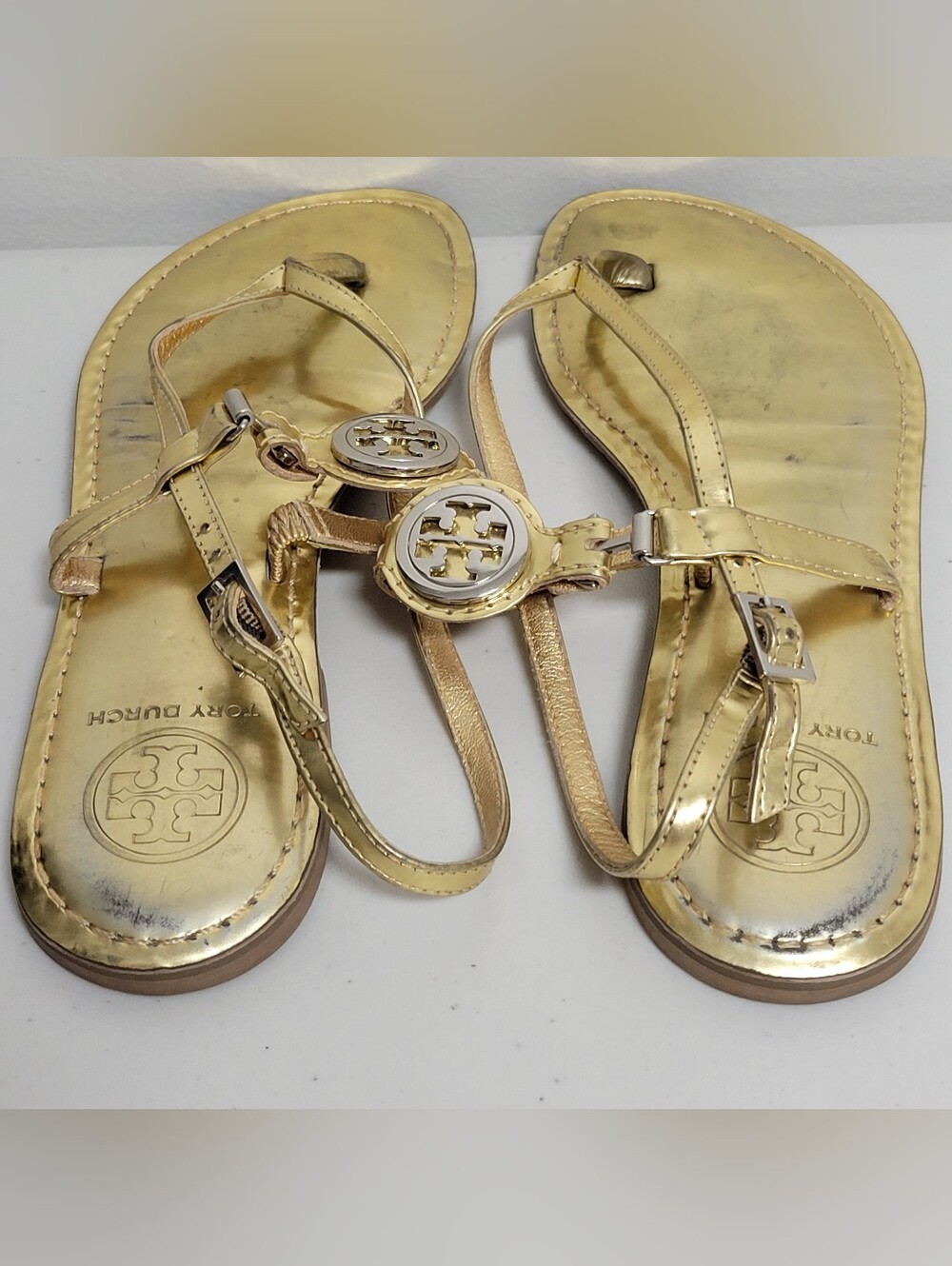 Tory Burch Metallic Gold Logo Slingback Sandals Size 8M. - Picture 8 of 10